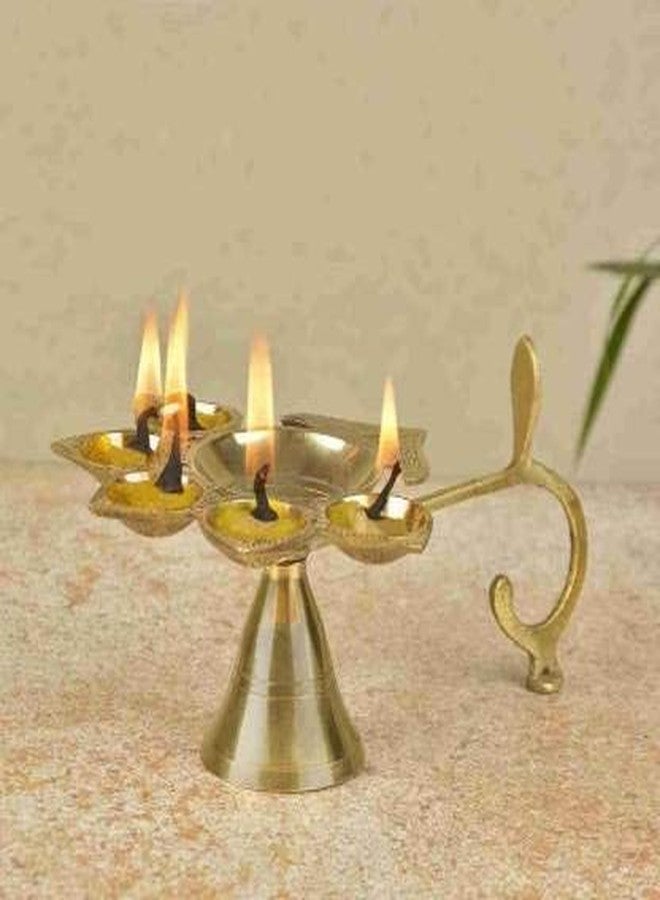 Dharmsaar Ltd Panch Aarti Diya with Handle Big Size,Panchmukhi Diya for Puja Brass,5 Batti Oil Pital Jyot Deepak for Diwali,Navratri,Festival and Temples Poojan | DH-DIYA-07 - Image 2